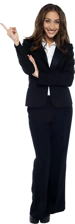 Confident Businesswoman Pointing Upward PNG Image