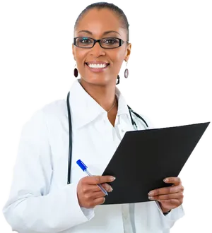 Confident Female Doctorwith Clipboard PNG Image