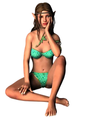 Contemplative_ Elf_in_ Green_ Bikini PNG Image