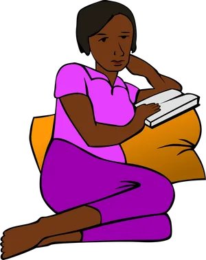 Contemplative Reading Woman Cartoon PNG Image