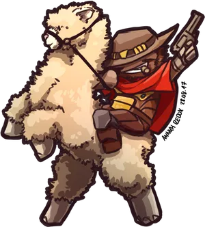 Cowboy Alpaca With Gun Illustration PNG Image