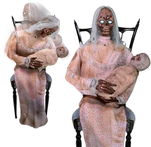 Creepy Granny Holding Doll PNG Image