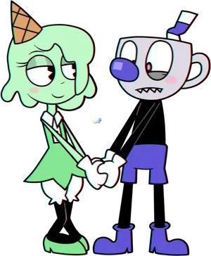 Cupheadand Female Character Shaking Hands PNG Image