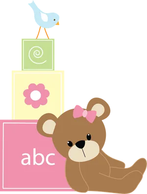 Cute Bearand Birdwith Baby Blocks PNG Image