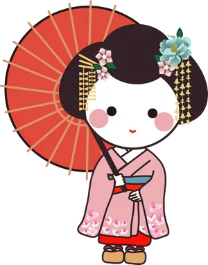 Cute Cartoon Geishawith Umbrella PNG Image