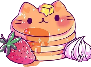 Cute Cat Pancake Strawberry Onion Illustration PNG Image