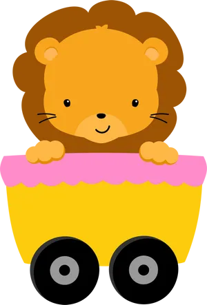 Cute Lion Cartoonin Stroller PNG Image