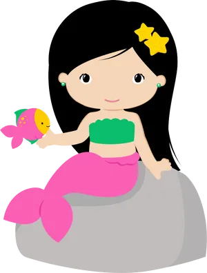 Cute Mermaid With Fish Friend Clipart PNG Image