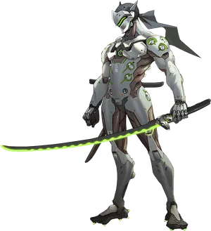 Cybernetic Ninja Genji With Green Sword PNG Image