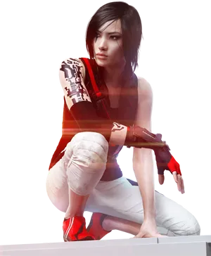 Cyberpunk Female Character Crouch Pose PNG Image