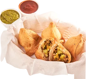 Delicious Samosaswith Chutney Dips PNG Image