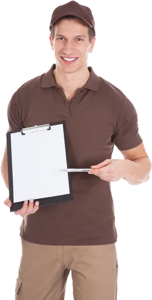 Delivery Man Presenting Clipboard PNG Image