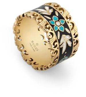 Designer Engraved Gold Black Ring Jewelry PNG Image