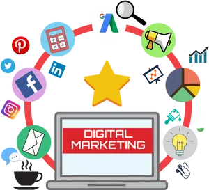 Digital Marketing Elements Around Laptop PNG Image