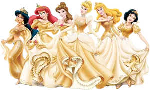 Disney Princesses Golden Gowns PNG Image