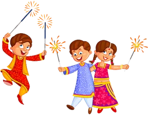 Diwali Celebration Kidswith Sparklers PNG Image