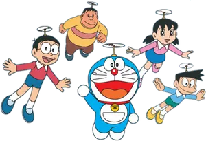 Doraemon_and_ Friends_ Flying PNG Image