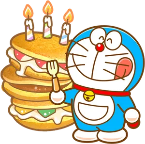 Doraemon Celebratingwith Pancake Cake PNG Image