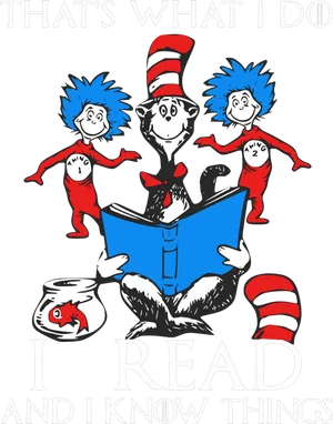 Dr Seuss Characters Reading PNG Image