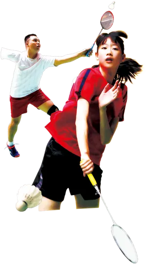 Dynamic Badminton Doubles Action PNG Image