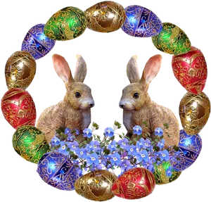 Easter Bunniesand Decorated Eggs PNG Image