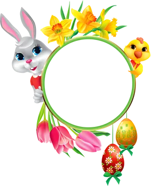 Easter Bunny Framewith Flowersand Chick PNG Image