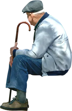 Elderly Man Sittingwith Cane.png PNG Image