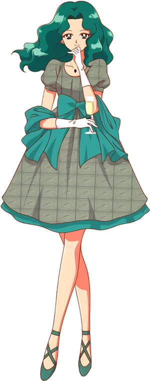 Elegant Anime Girlin Green Dress PNG Image