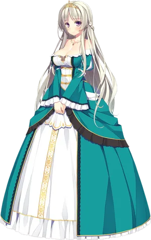 Elegant Anime Princessin Greenand White Dress PNG Image