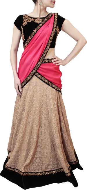 Elegant Beigeand Pink Saree Model PNG Image