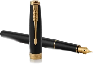 Elegant Black Gold Fountain Pen PNG Image