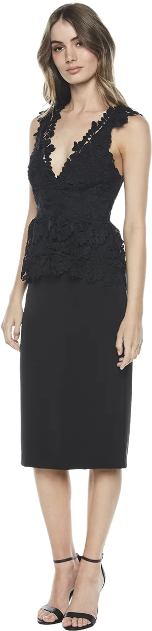 Elegant Black Lace Cocktail Dress PNG Image