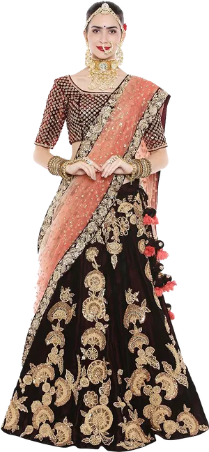 Elegant Black Lehenga Choli Traditional Attire PNG Image