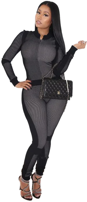 Elegant Black Outfit Fashion Pose PNG Image