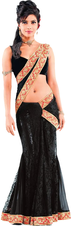 Elegant Black Saree Traditional Attire PNG Image