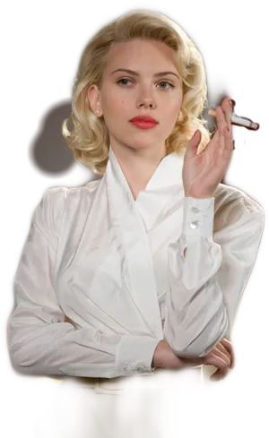 Elegant Blonde Woman White Blouse PNG Image