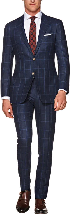 Elegant Blue Checked Suit PNG Image