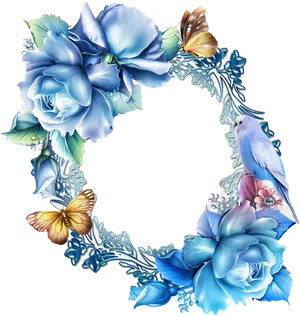 Elegant_ Blue_ Floral_ Border_with_ Bird_and_ Butterflies PNG Image