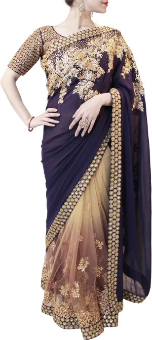 Elegant Blueand Gold Saree PNG Image