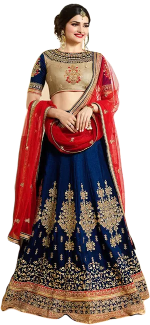 Elegant Blueand Red Lehenga Model PNG Image