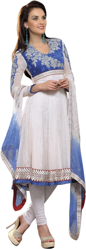 Elegant Blueand White Anarkali Suit PNG Image