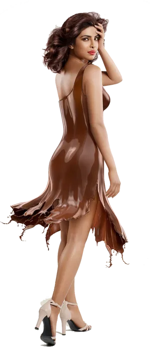 Elegant Brown Dress Model Pose PNG Image