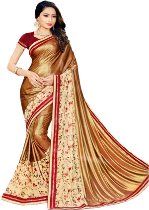 Elegant Brown Saree Model PNG Image