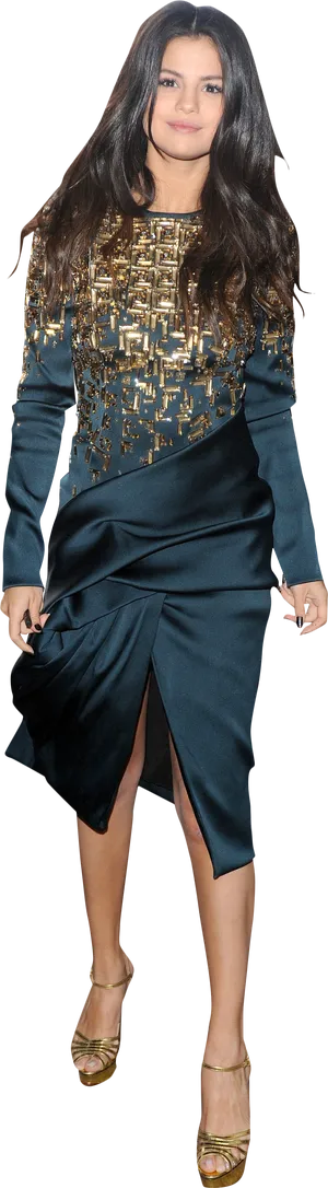 Elegant Celebrityin Goldand Blue Attire PNG Image