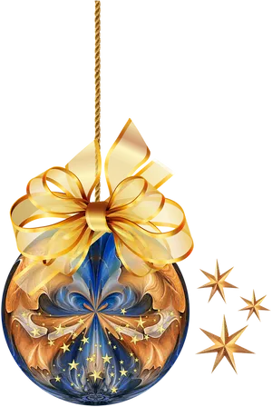 Elegant Christmas Ballwith Golden Ribbonand Stars.png PNG Image