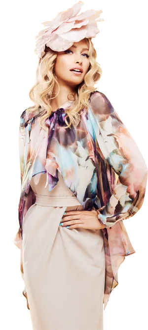 Elegant Floral Fashion Model Pose PNG Image