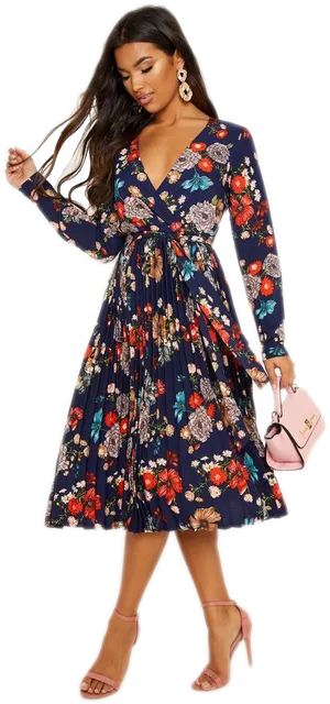 Elegant Floral Wrap Dress PNG Image