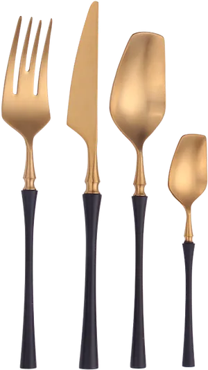 Elegant Gold Black Handle Cutlery Set PNG Image