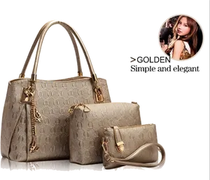 Elegant Golden Handbag Set PNG Image