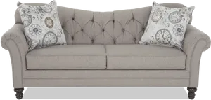 Elegant Gray Tufted Couchwith Pillows PNG Image